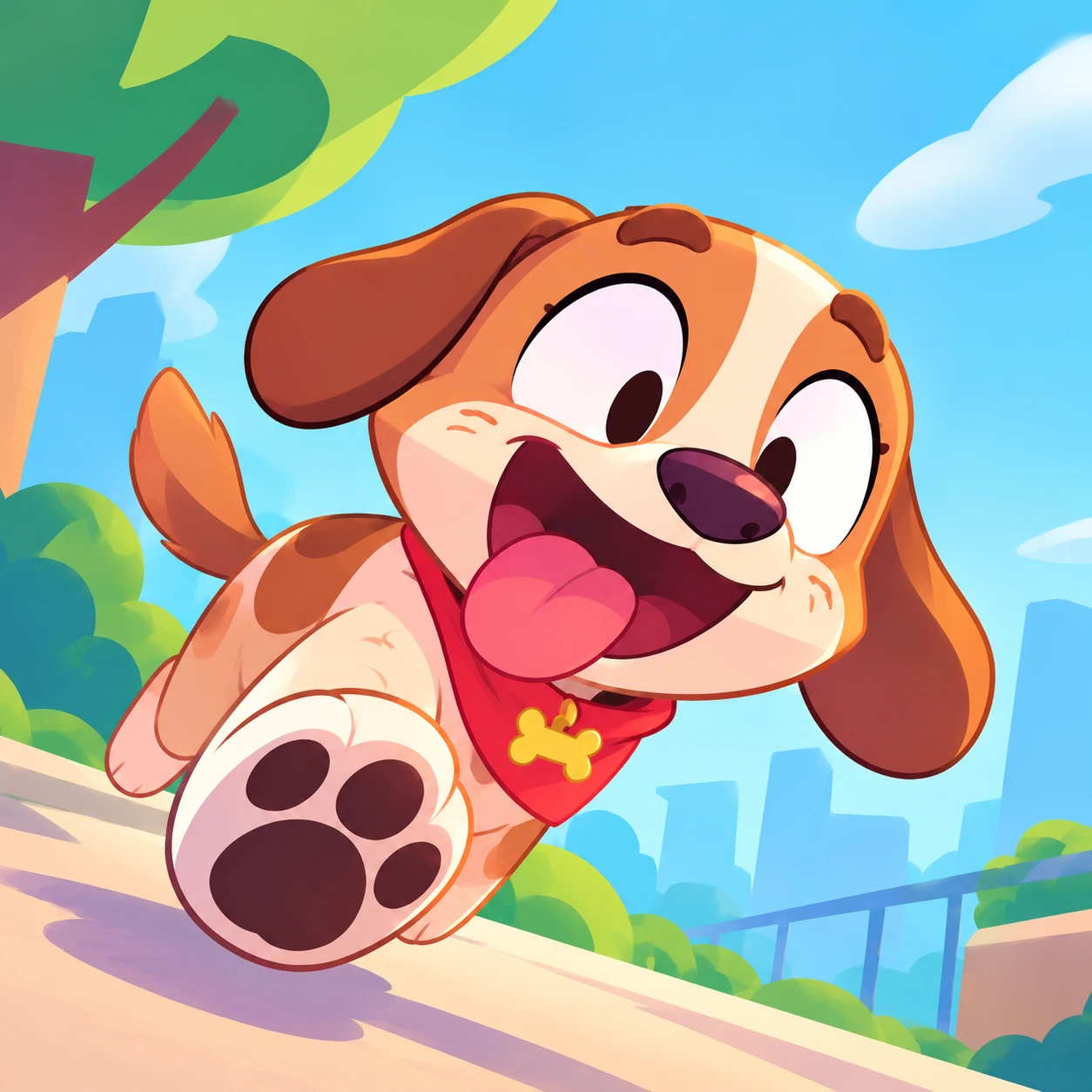 Pawtopia key art: a happy cartoon puppy with a red bandana running through a sunny park